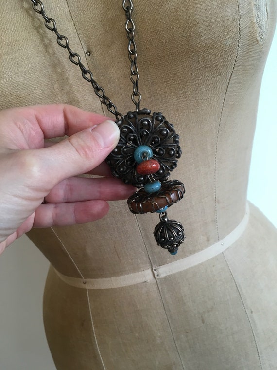 Vintage 70s Boho Tribal Tibetan Bead Pendant Neck… - image 7