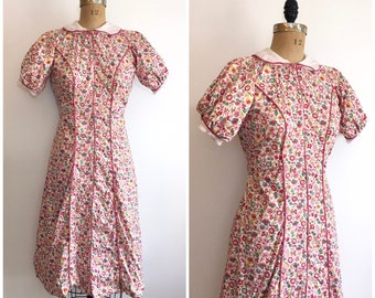 1930s Cotton Pink Floral Dress 30s Floral House Dress