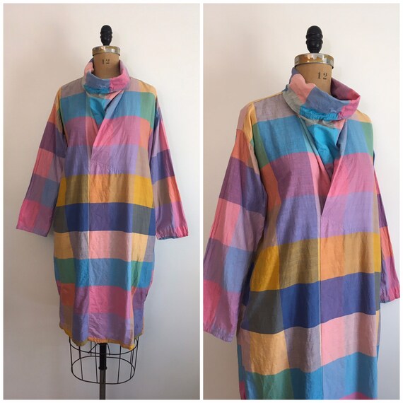 Vintage 1980s Starina Rainbow Plaid Dress 80s Indi