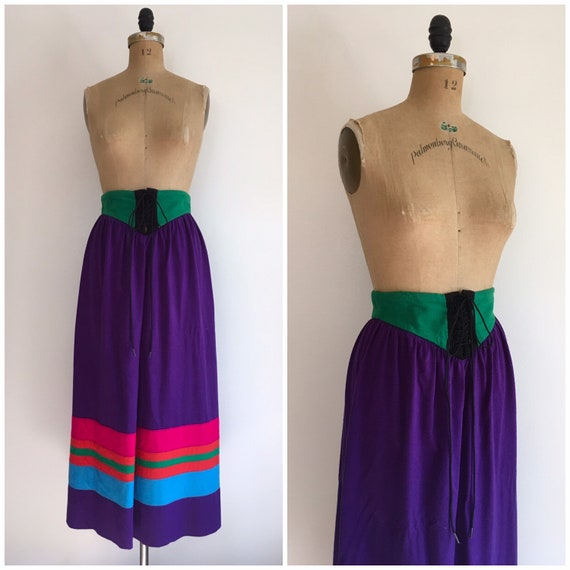 Vintage 1970s Corset Waist Maxi Skirt 70s Color Bl