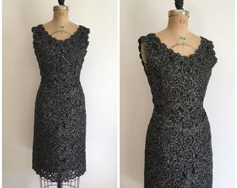 1950s 1960s Raffia Wiggle Dress Black and Silver 50s 60s Crochet