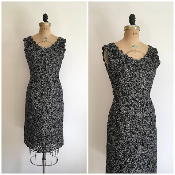 1950s 1960s Raffia Wiggle Dress Black and Silver 5