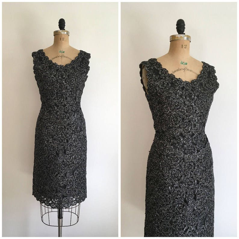 1950s 1960s Raffia Wiggle Dress Black and Silver 50s 60s Crochet image 1