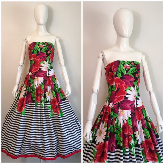 Vintage 1980s 1990s Floral Border Print Strapless