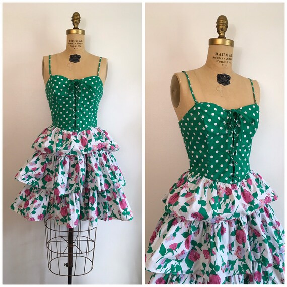 Vintage 1980s Rose Print Ruffle Party Dress 80s Fl
