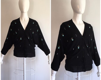 Vintage 1950s Brookshire of California Rhinestone Studded Cardigan Sweater 50s Black Turquoise Gold Dolman Cardigan