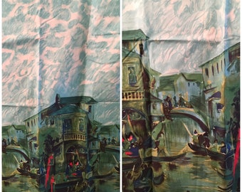 Vintage 1950s Venice Scenic Print Novelty Print Fabric 50s Impressionist Italy Border Print