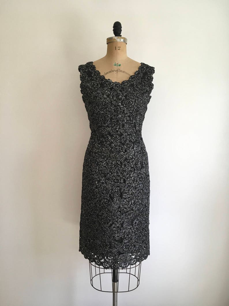 1950s 1960s Raffia Wiggle Dress Black and Silver 50s 60s Crochet image 2