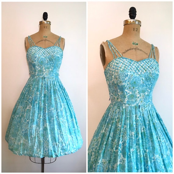 Vintage 1950's Alix of Miami Blue Floral Dress 50