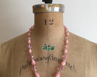 1950s 1960s Pink Moonglow Crystal Bead Necklace 50s 60s