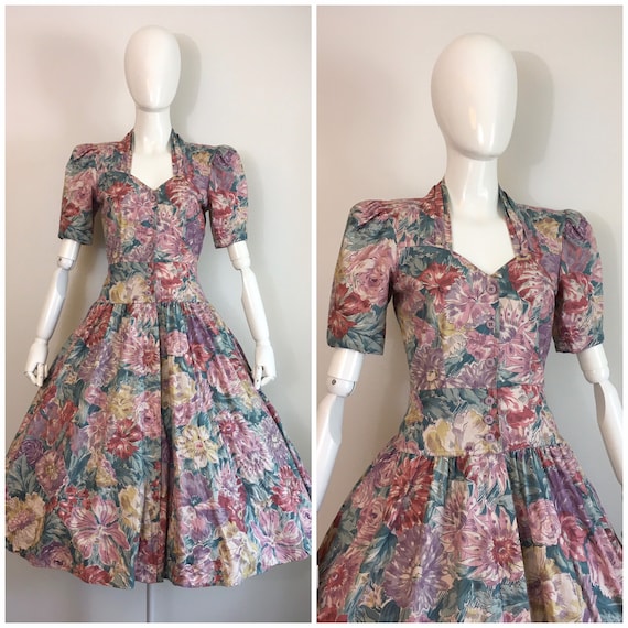 Vintage 1980s Floral Garden Dress 80s Puffy Sleeve