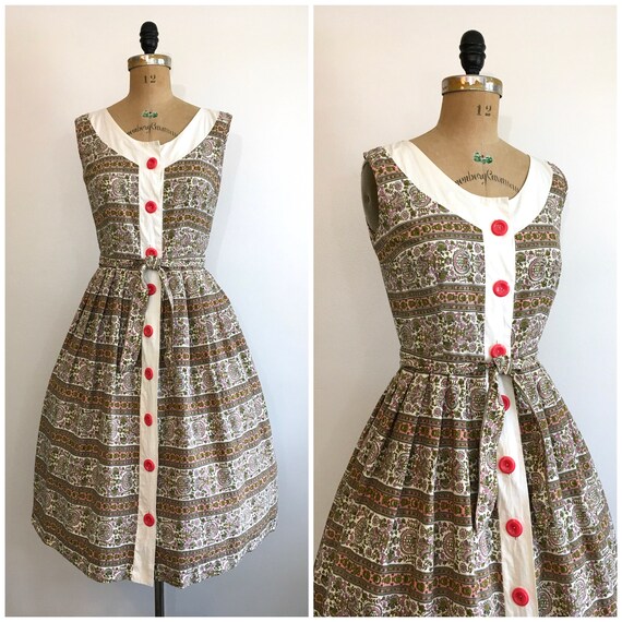 1950s Paisley Sundress 50s Vintage Cotton Button D