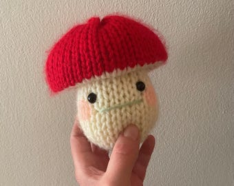 Fun Guy Handmade Knit Stuffed Mushroom Plushie Stuffie Red Cap With Green Mouth