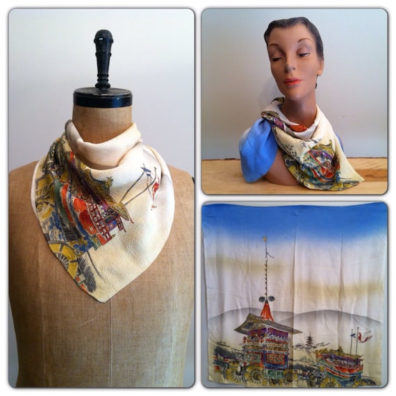 1930s 1940s Asian Painted Scarf 30s 40s