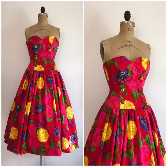 Vintage 1980s A.J. Bari Rose Print Strapless Party