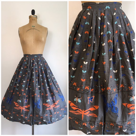 Vintage 1950s Butterfly Novelty Border Print Skirt