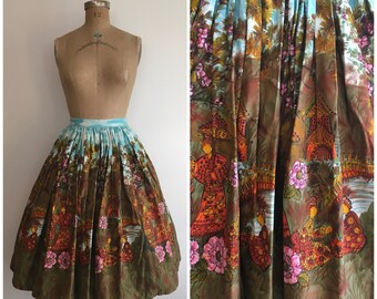 Vintage 1950s Scenic Asian Novelty Print Border Skirt 50s Cotton