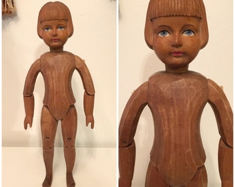 Vintage 1930s 30s Paul Adolf Thomann Huggler Bernese Oberland Swiss Carved Wooden Wood Jointed Doll 14 Inch