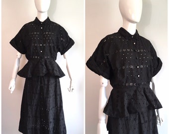 Vintage 1940s Peplum Black Eyelet Dress Set 40s Blouse Shirt Top And Skirt Summer Suit