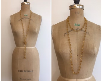 1920s Yellow Glass Deco Hand Tied Beaded Block Rope Necklace 20s Flapper Necklace
