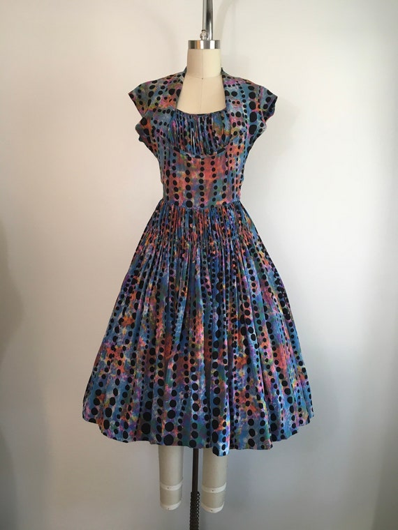 Vintage 1950s Rainbow Polka Dot Dress 50s Silk Dr… - image 2