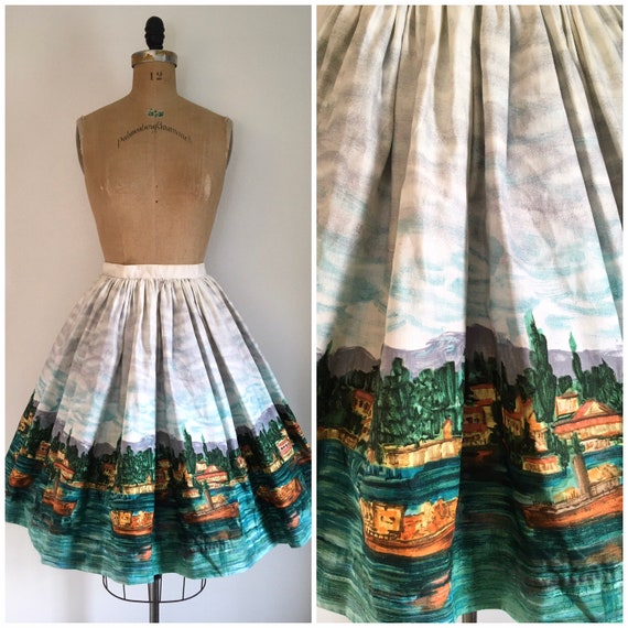 Vintage 1950s Scenic Novelty Print Border Skirt 50