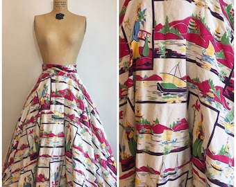 Vintage 1950s Scenic Asian Novelty Print Circle Skirt 50s Cotton