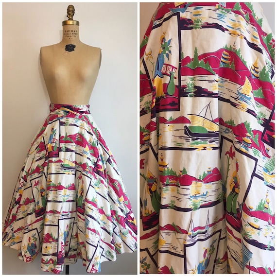 Vintage 1950s Scenic Asian Novelty Print Circle Sk