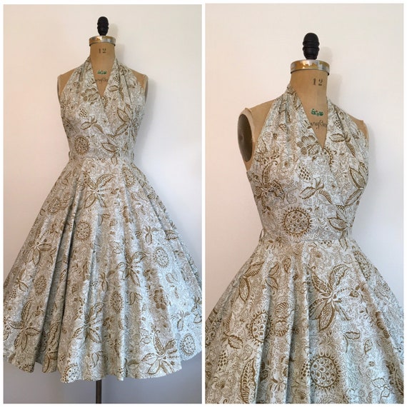 Vintage 1950s Seafoam Halter Dress 50s Sundress