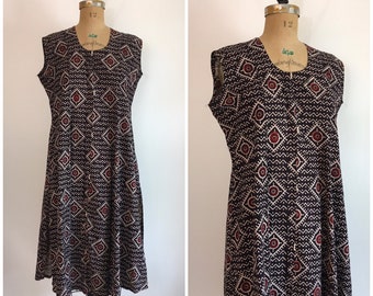 Vintage 1990s Mud Cloth Style Cotton Tunic Dress 90s Boho Tent Sundress