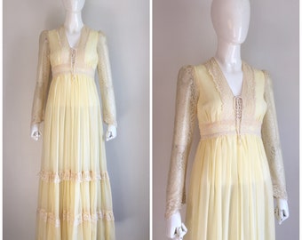 Vintage 1970s Gunne Sax Yellow Lace Prairie Dress 70s Boho Cotton Lace Cottagecore Maxi Dress