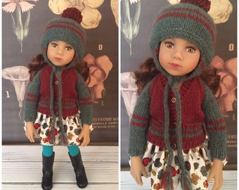 Hand Knit Doll Outfit For 13 Inch Dianna Effner Little Darling Maru & Friends Doll Handmade Varsity Sweater Hat Skirt Set