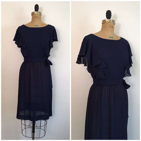 Vintage 1980s Nagy Blue Ruffle Dress 80s Chiffon Secretary Dress