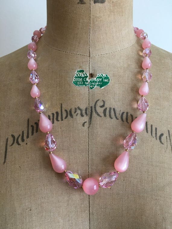 1950s 1960s Pink Moonglow Crystal Bead Necklace 5… - image 2