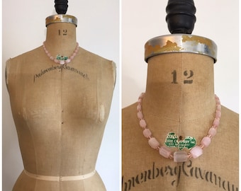 Vintage Deco Satin Glass Necklace Pastel Cotton Candy Pink