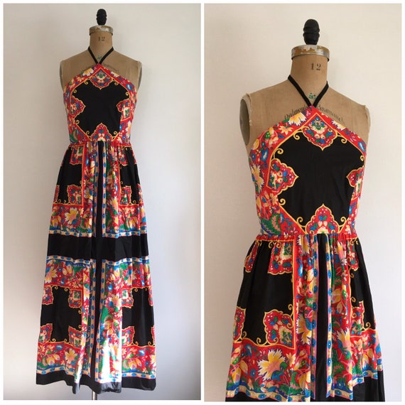 Vintage 1970s Hear Say Scarf Print Cotton Halter M