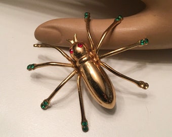 Vintage Coro Pegasus Spider Brooch Gold Rhinestone Bug Pin