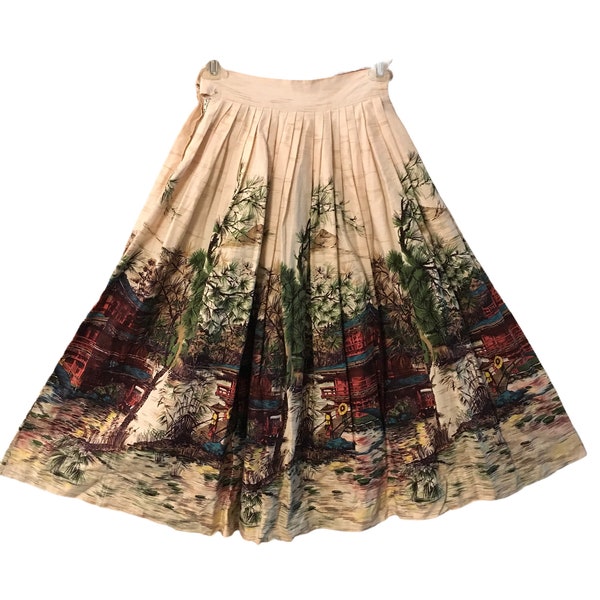 Vintage 1950s Scenic Japanese Garden Novelty Print  Border Skirt 50s Cotton