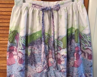 Vintage 1950s Scenic Novelty Print  Border Skirt 50s Cabin Mountain Scene Cotton Pleated Skirt