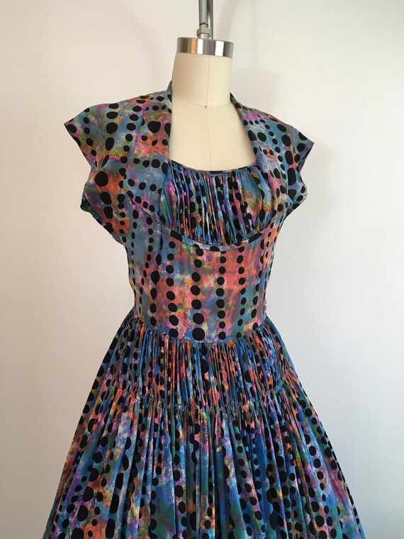 Vintage 1950s Rainbow Polka Dot Dress 50s Silk Dr… - image 3