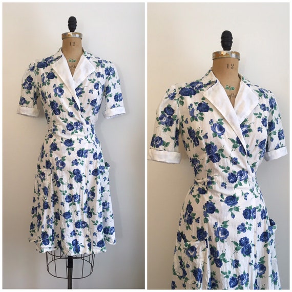 Vintage 1940s 1950s Blue Rose Wrap Dress 40s 50s R