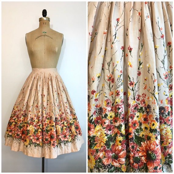 Vintage 1950s Novelty Print Skirt Floral Border Pr