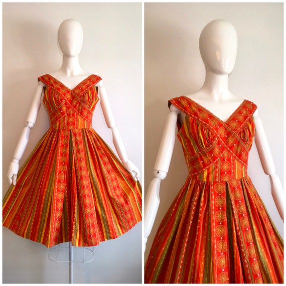 Vintage 1950's Orange Floral Summer Dress 50's Cot