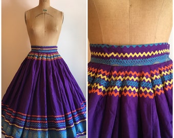 Vintage 1950s Ric Rac Purple Novelty Print Skirt 50s Border Print Cotton Skirt
