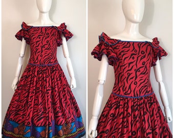 Vintage 1980s 1990s Animal Cat Border Print Strapless Party Dress 80s 90s Tiger Print Red Cotton Novelty Print Sundress