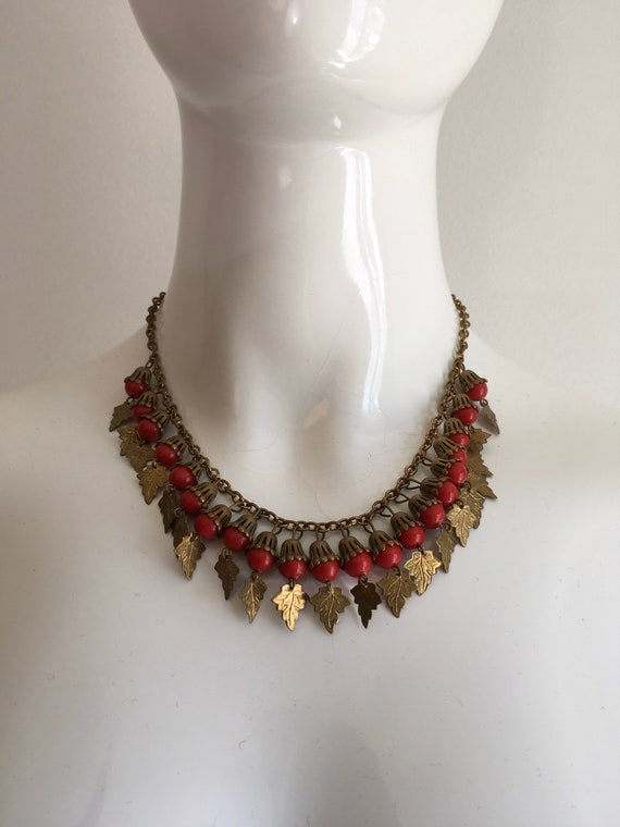 Vintage 1930s Brass Leaves Necklace 30s Red Beads