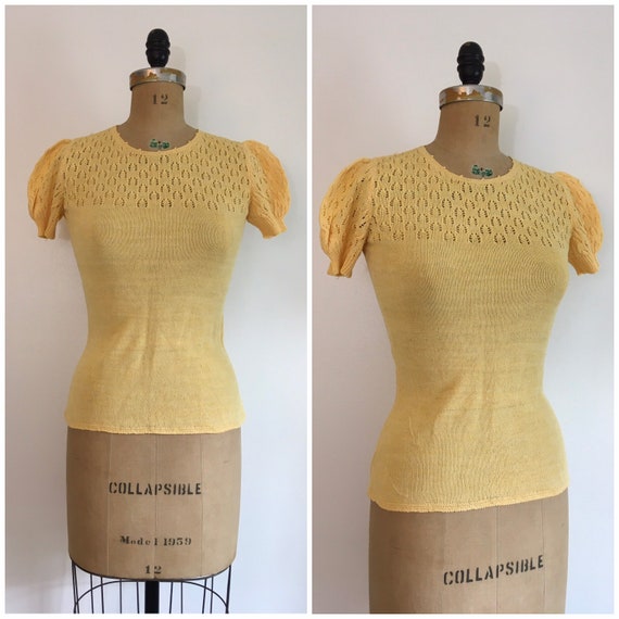 Vintage 1970s Does 1930s Yellow Puff Sleeve Sweate