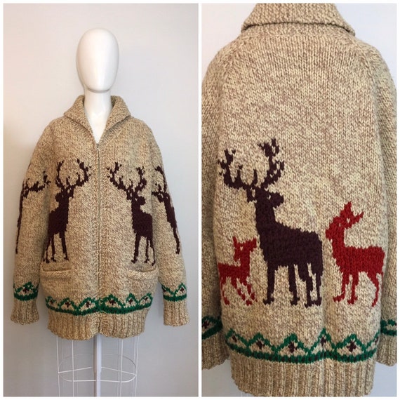 Vintage 1950s Novelty Cowichan Sweater Deer Moose