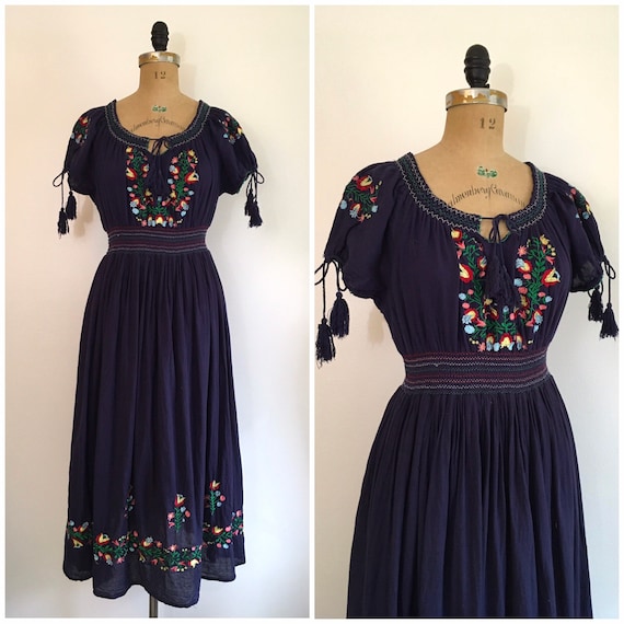 Vintage 1970s Embroidered Folk Dress 70s Smocked C
