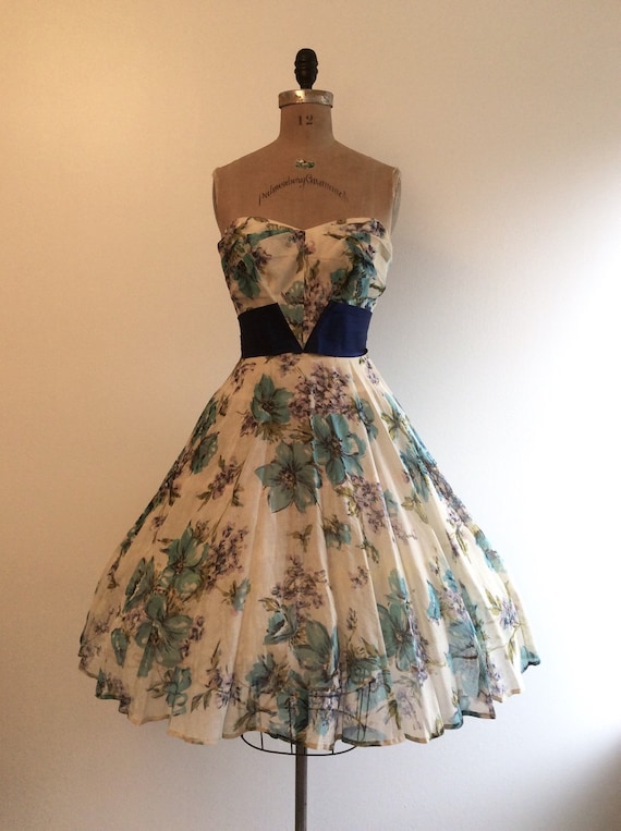 1950s Floral Party Dress 50s Strapless Flower Gown